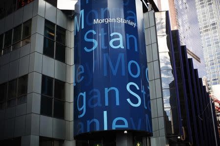 The corporate logo of financial firm Morgan Stanley is pictured on the company's world headquarters in the Manhattan borough of New York City, New York, U.S. January 20, 2015. REUTERS/Mike Segar/File Photo