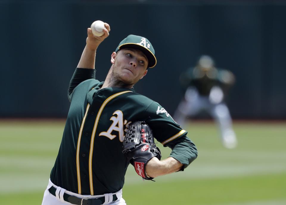 Oakland Athletics pitcher Sonny Gray works against the Cleveland Indians during the first inning of a baseball game Friday, July 14, 2017, in Oakland, Calif