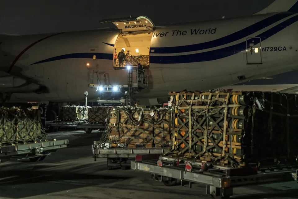 Equipment and munitions provided by the United States, including nearly 300 Javelin antitank missiles, arrives at the airport in Boryspil, just outside Kyiv, Ukraine, on Jan. 25, 2022. (Brendan Hoffman/The New York Times)