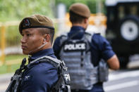 <p>Gurkha police officers guard the perimeter of the Shangri-La Hotel in Singapore, Sunday, June 10, 2018, ahead of the summit between President Donald Trump and North Korean leader Kim Jong Un. (Photo: Yong Teck Lim/AP) </p>