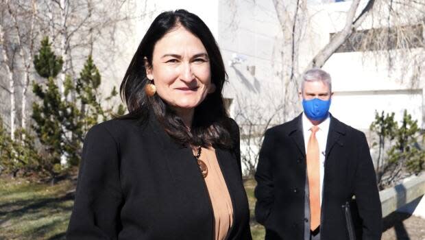 Former Vuntut Gwitchin MLA Pauline Frost outside the Yukon courthouse in April, after she lost her seat to the NDP in a random draw. Frost later challenged the election in court, and on Thursday that petition was dismissed. (Claudiane Samson/Radio-Canada - image credit)