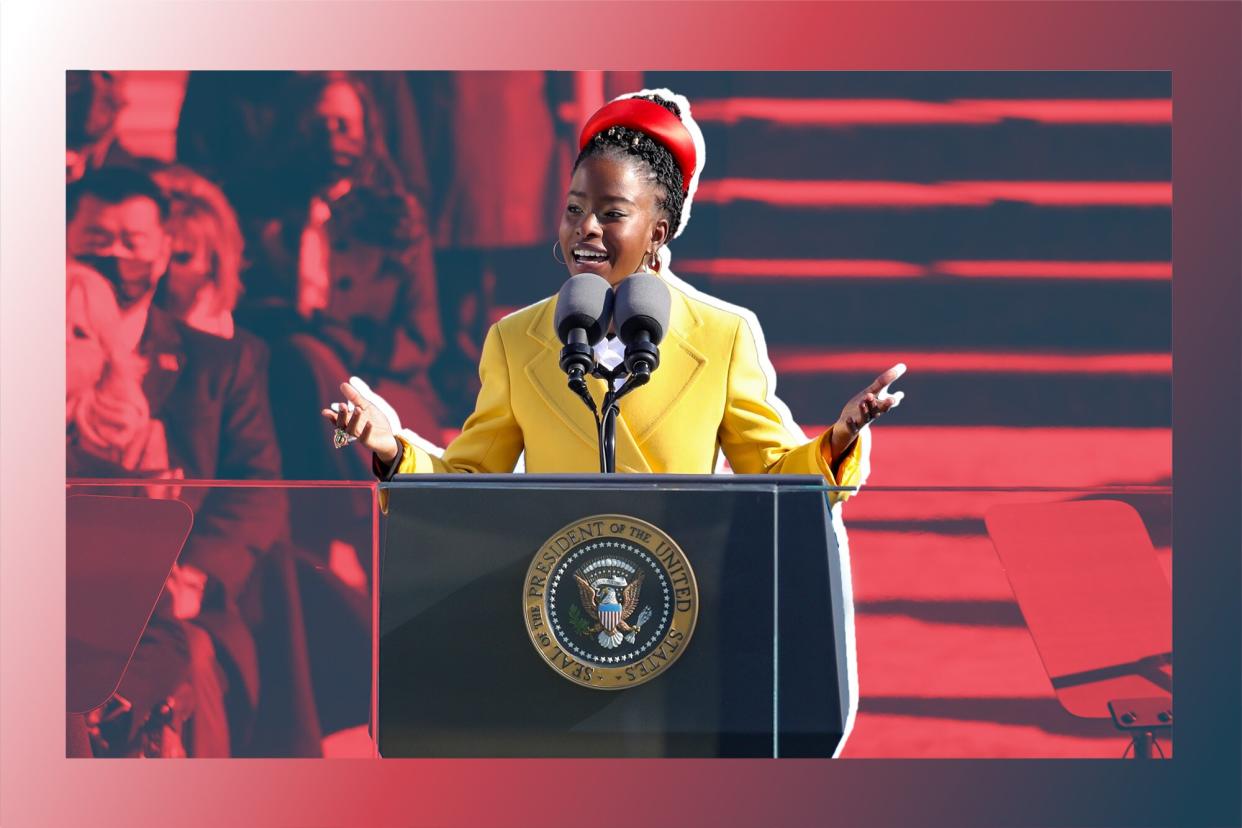 WASHINGTON, DC - JANUARY 20: Youth Poet Laureate Amanda Gorman speaks at the inauguration of U.S. President Joe Biden on the West Front of the U.S. Capitol on January 20, 2021 in Washington, DC.  During today's inauguration ceremony Joe Biden becomes the 46th president of the United States. (Photo by Rob Carr/Getty Images)