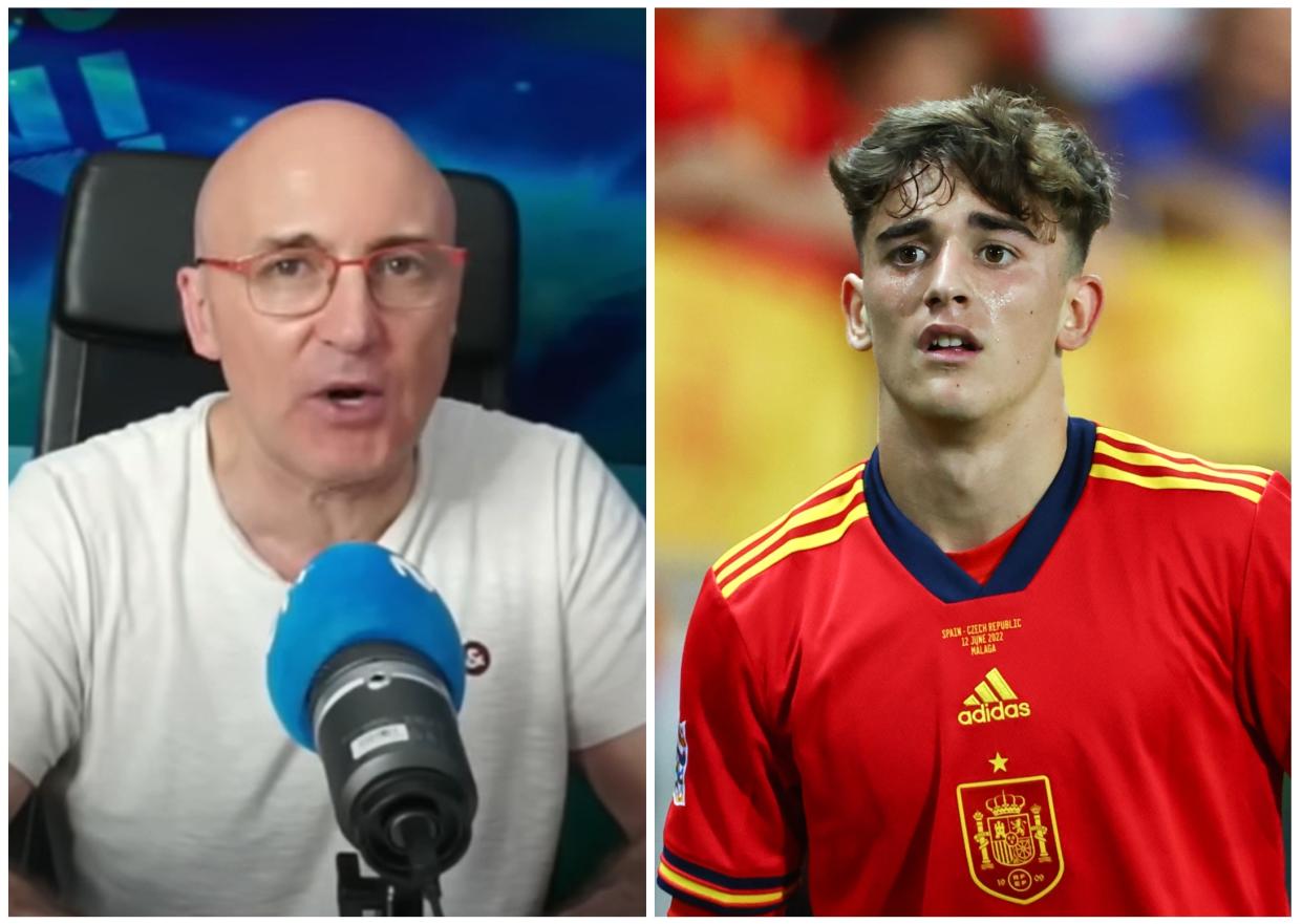 Julio Maldonado, Maldini, y Gavi durante el partido entre España y República Checa. (Foto: YouTube / Mundo Maldini / Robbie Jay Barratt / AMA / Getty Images).