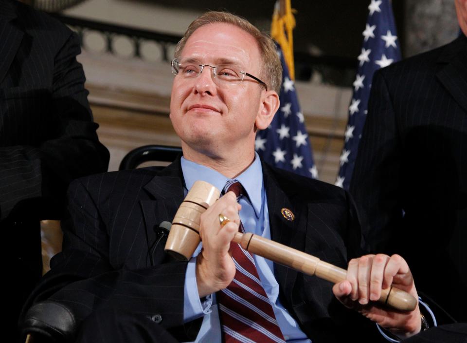 Rep. Jim Langevin, D-R.I., holds the gavel given him by Speaker Nancy Pelosi in Statuary Hall in Washington in July 2010 during an event celebrating the Americans with Disabilities Act. Langevin used the gavel moments later, presiding over the House of Representatives.