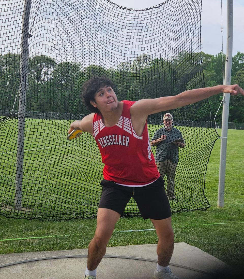 Rensselaer Central junior Bryan Camarena throws the discus during the 75th Hoosier Conference Track & Field Championships at Gordon Straley Field in West Lafayette, Ind. on Friday, May 3, 2024.