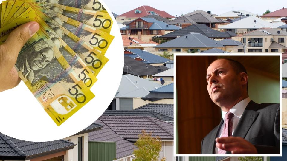 Pictured: Treasurer Josh Frydenberg, Australian houses, Australian cash. Image concept Covid-19 recovery. Images: Getty