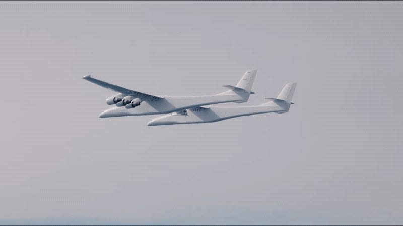 The TA-1 hypersonic vehicle being released from the aircraft Roc (video is twice the normal speed). - Gif: Stratolaunch/Gizmodo