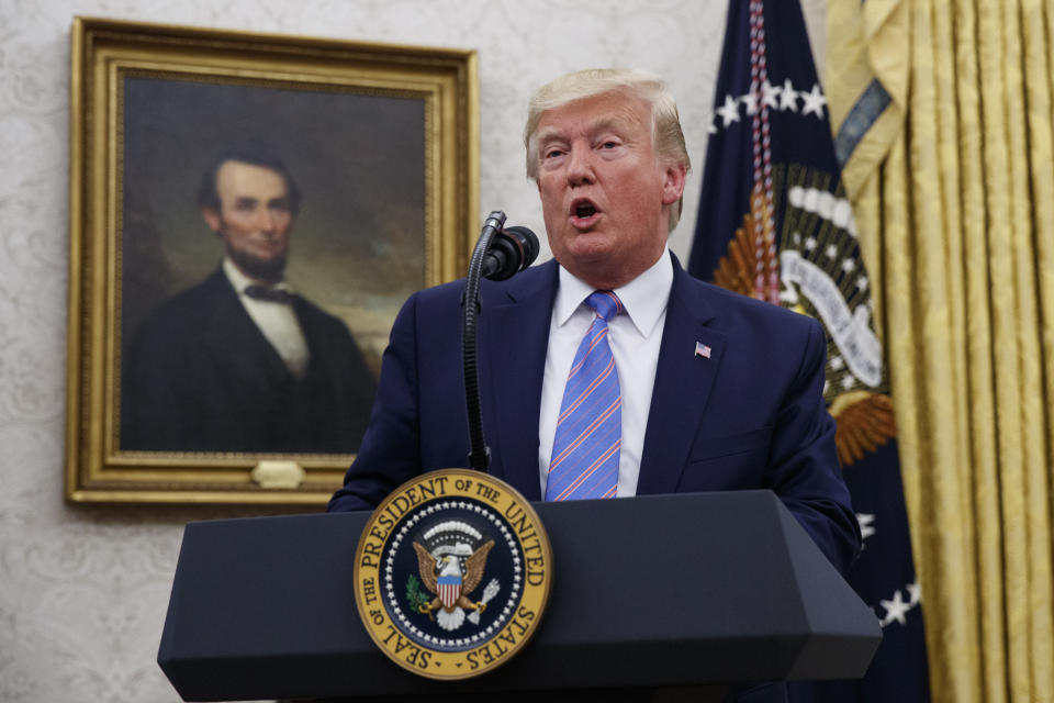 President Donald Trump speaks during a ceremony in the Oval Office of the White House where Mark Esper is sworn in as the Secretary of Defense in Washington, Tuesday, July 23, 2019. (AP Photo/Carolyn Kaster)