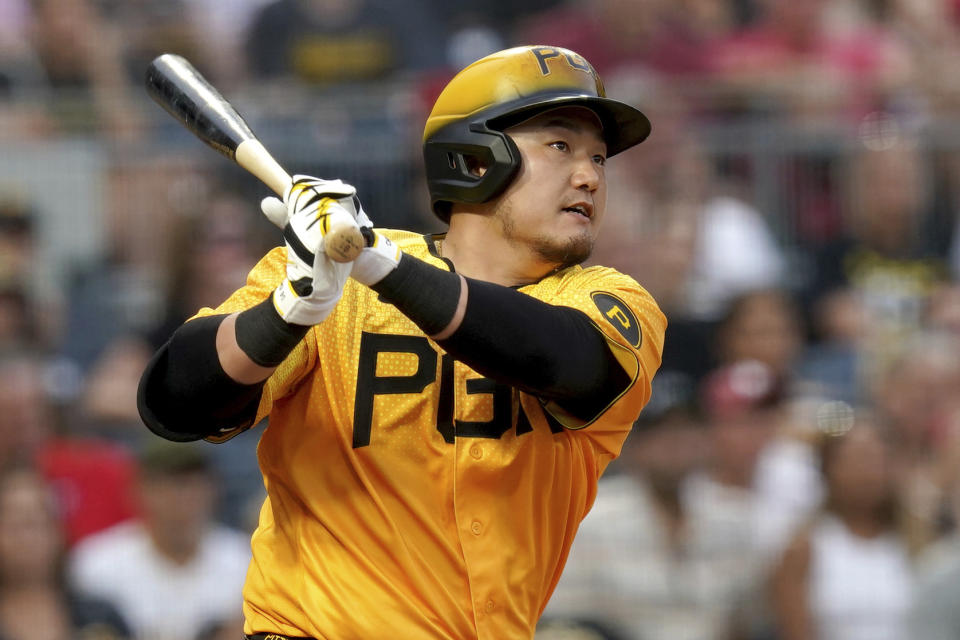 Pittsburgh Pirates' Ji Man Choi watches his RBI double against the Philadelphia Phillies during the fourth inning of a baseball game in Pittsburgh, Friday, July 28, 2023. (AP Photo/Matt Freed)