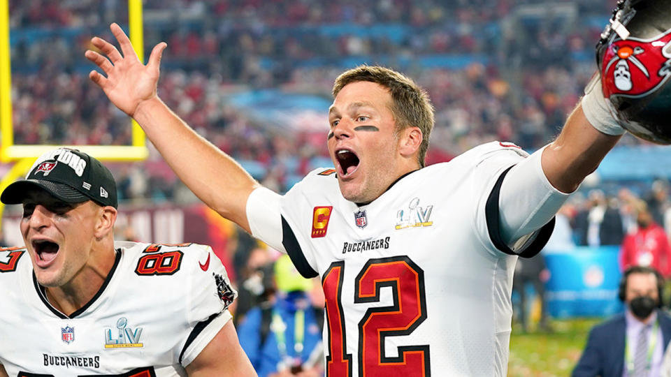 Pictured here, Tom Brady celebrates during a Tampa Bay game in the NFL.