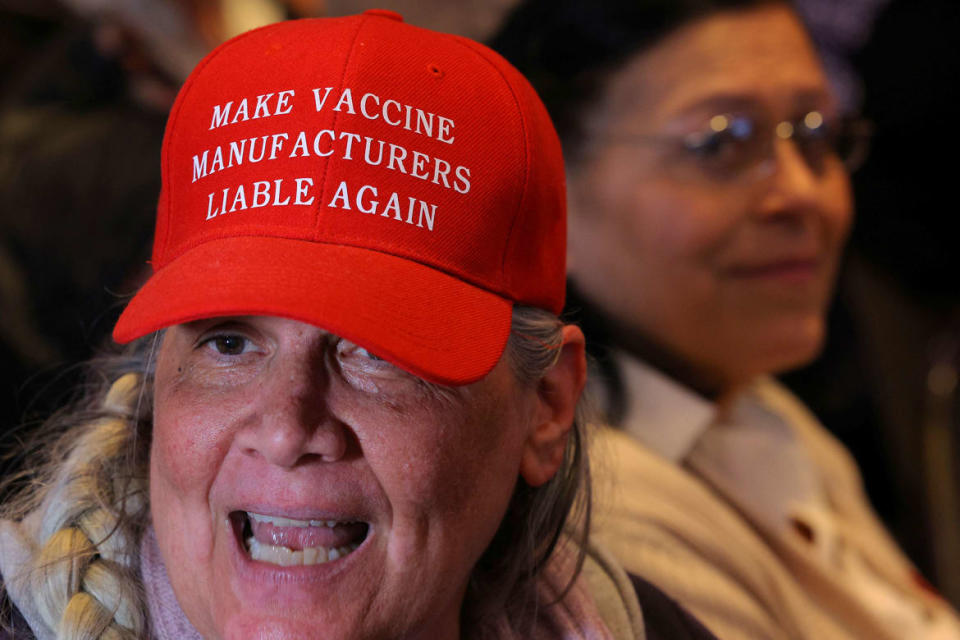 <div class="inline-image__caption"><p>Jean Tobin wears a hat reading "Make Vaccine Manufacturers Liable Again" before a speech by Robert F. Kennedy Jr. announcing his candidacy for the Democratic presidential nomination, in Boston, Massachusetts, on April 19, 2023.</p></div> <div class="inline-image__credit">Brian Snyder/Reuters</div>