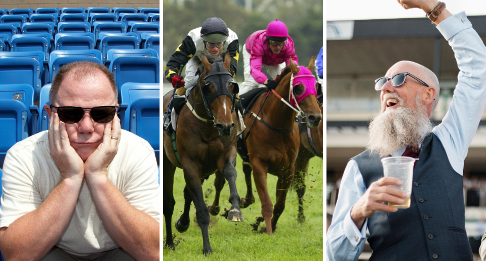 Composite image of Melbourne Cup horses racing, a losing gambler, a winning gambler.