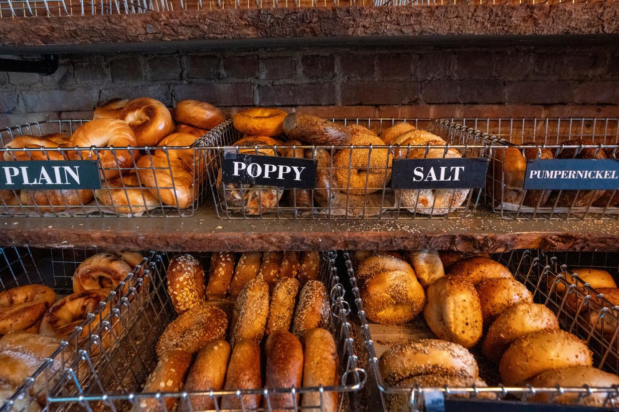 Bins of bagels are shown at BEC Bagel in Hackensack.