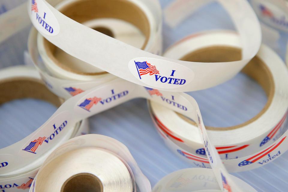 I Voted stickers are seen Thursday, Aug. 18, 2022, inside the Oklahoma County Election Board during early voting in Oklahoma City.