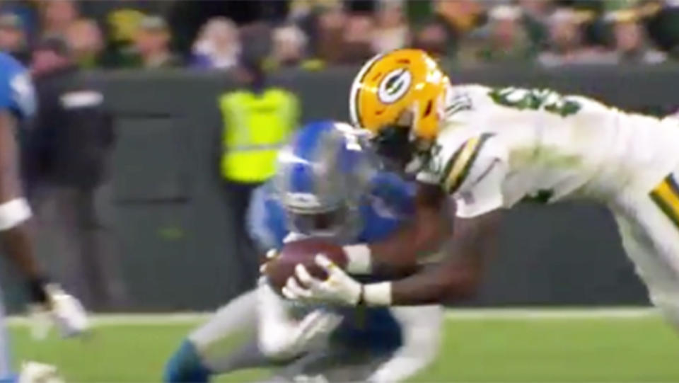 Geronimo Allison colliding in a sickening collision with the Lions defensive back.