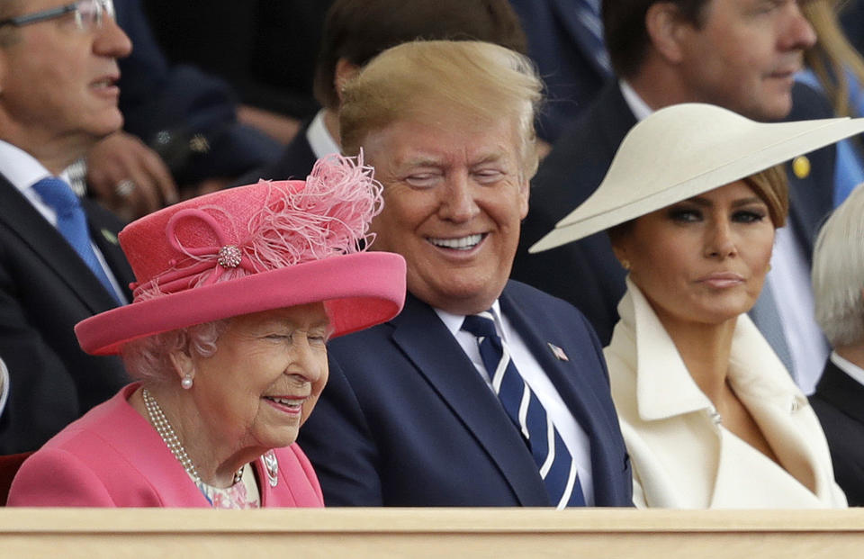 Queen Elizabeth II, President Donald Trump and first lady Melania Trump, from left, attend an event to mark the 75th anniversary of D-Day in Portsmouth, England Wednesday, June 5, 2019. World leaders including U.S. President Donald Trump are gathering Wednesday on the south coast of England to mark the 75th anniversary of the D-Day landings. (AP Photo/Matt Dunham)