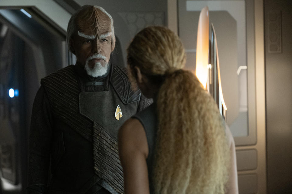 Michael Dorn as Worf and Michelle Hurd as Raffi Musiker in "The Last Generation" Episode 310, Star Trek: Picard on Paramount+.  Photo Credit: Trae Patton/Paramount+. ©2021 Viacom, International Inc.  All Rights Reserved.