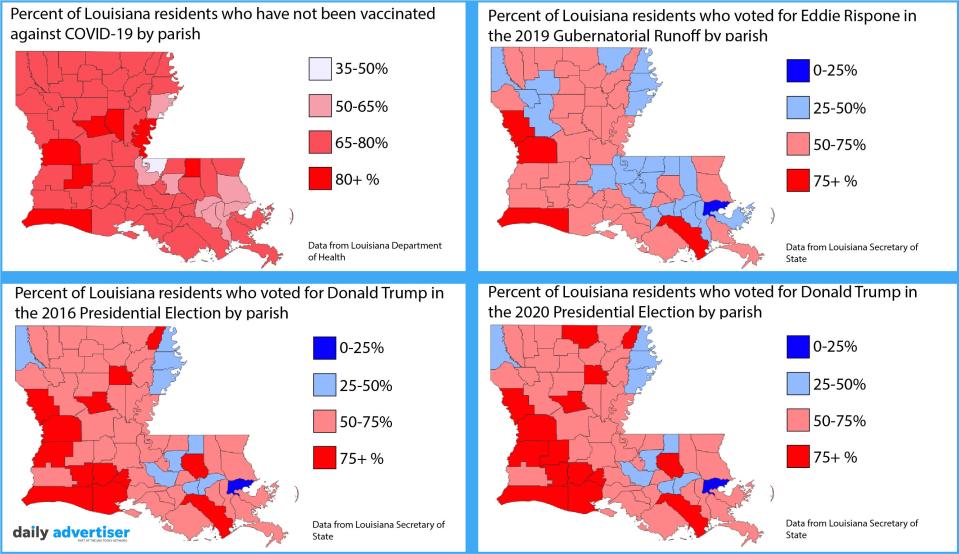 The maps compare how parishes voted in 2016, 2019 and 2020, as well as the percent of residents who have not gotten a COVID-19 vaccine.