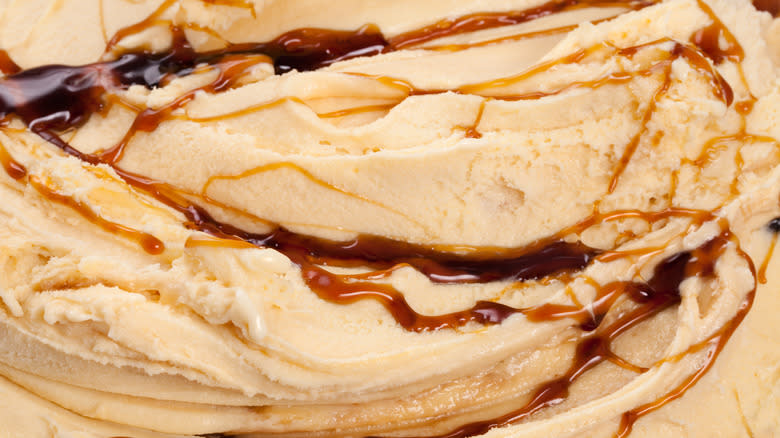 Ice cream with caramel swirls up close