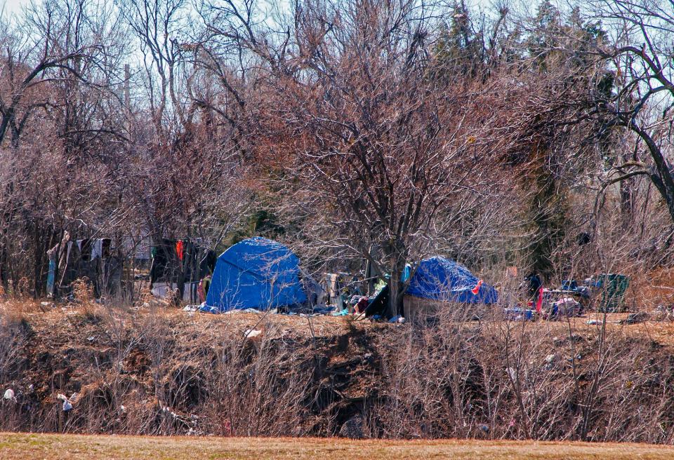 A homeless camp on the south side of Rotary Park in Oklahoma City, Okla. on Friday, Feb. 17, 2023.
