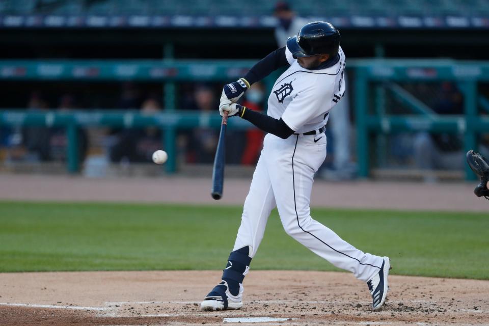 Detroit Tigers third baseman Harold Castro hits an RBI single during the first inning against the Cleveland Indians at Comerica Park, Sept. 19, 2020.