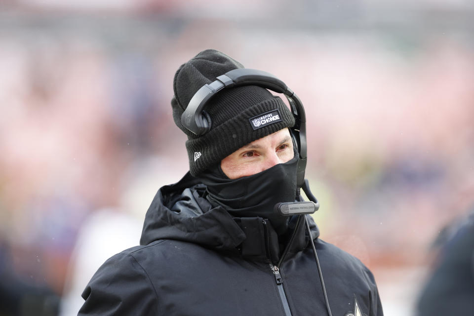 New Orleans Saints head coach Dennis Allen walks the sideline during the second half of an NFL football game against the Cleveland Browns, Saturday, Dec. 24, 2022, in Cleveland. (AP Photo/Ron Schwane)