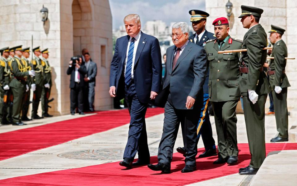 Donald Trump met with Palestinian president Mahmoud Abbas, centre, in Bethlehem - Credit: THOMAS COEX/AFP/Getty Images