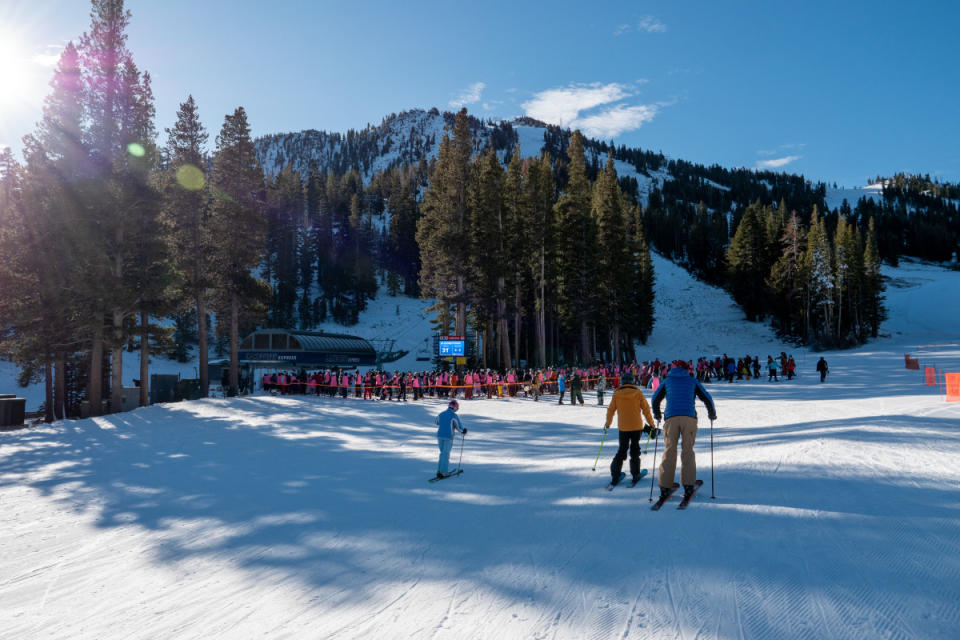 A sea of pink Opening Day shirts wait for the Lakeview Express to start turning.<p>Mt. Rose Ski Tahoe</p>