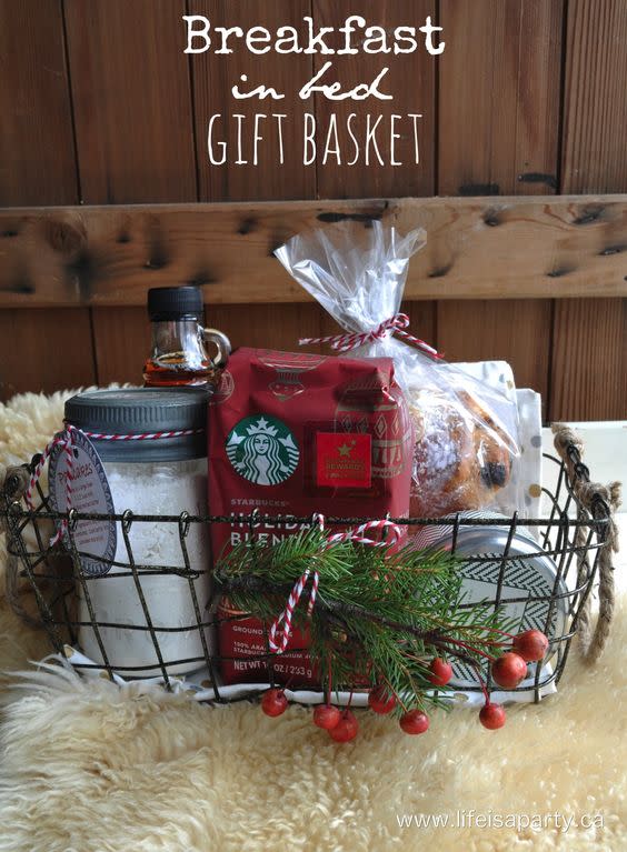 If you want to create a thoughtful gift for your partner why not make them a breakfast in bed gift basket for Christmas morning.