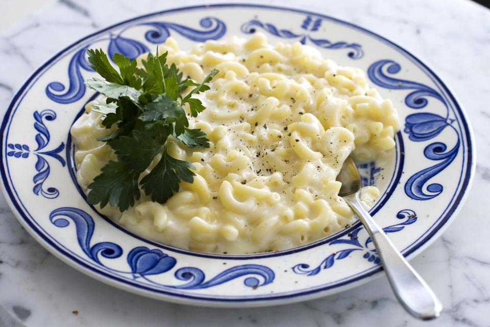 In this image taken on April 22, 2013, modernist mac and cheese is shown served in a bowl in Concord, N.H. (AP Photo/Matthew Mead)