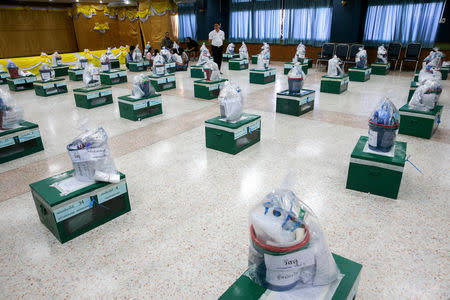 Ballot boxes and other documents are seen ahead of the general election at a local district office in Bangkok, Thailand, March 23, 2019. REUTERS/Athit Perawongmetha