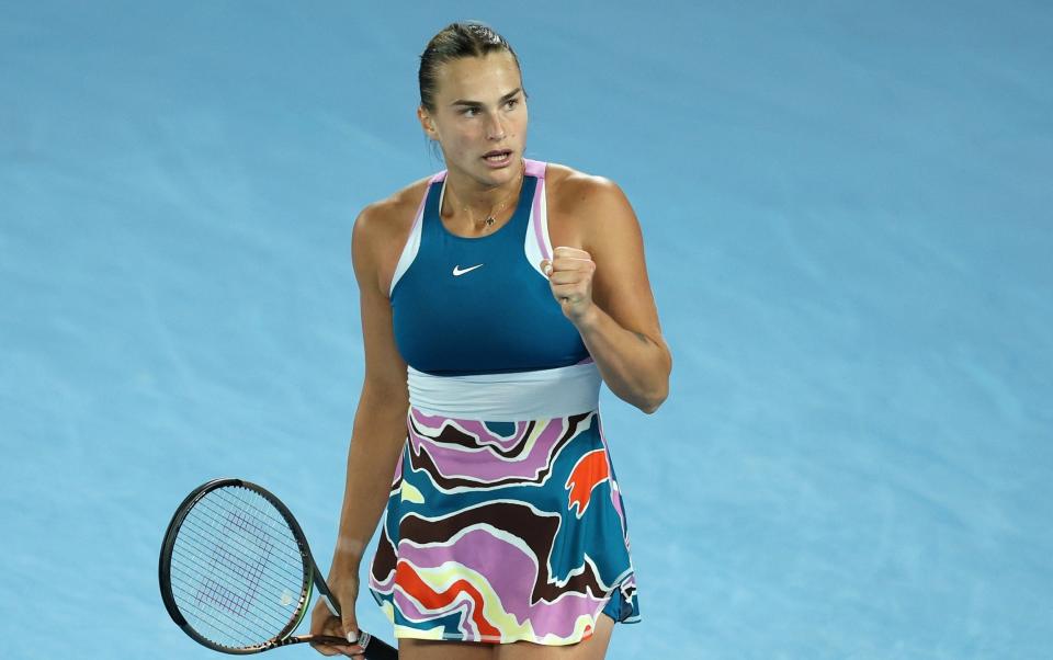 Aryna Sabalenka celebrates winning set point in the Semifinal singles match against Magda Linette of Poland during day 11 of the 2023 Australian Open - Clive Brunskill/Getty Images