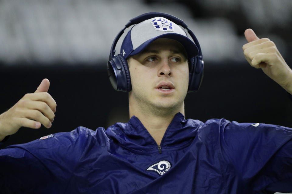 Los Angeles Rams' Jared Goff warms up before the NFL football NFC championship game against the New Orleans Saints Sunday, Jan. 20, 2019, in New Orleans. (AP Photo/David J. Phillip)