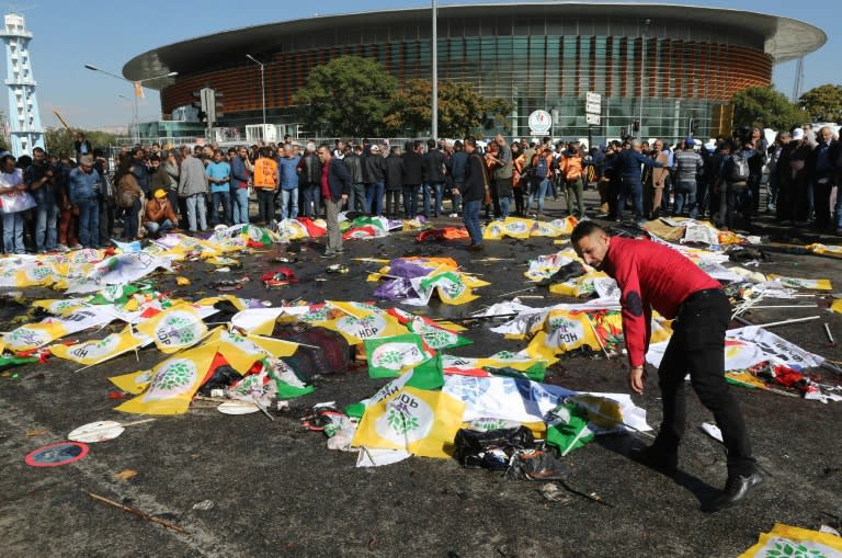 Security cordon off the scene following suicide bombings at the main train station in Turkey's capital Ankara on October 10, 2015