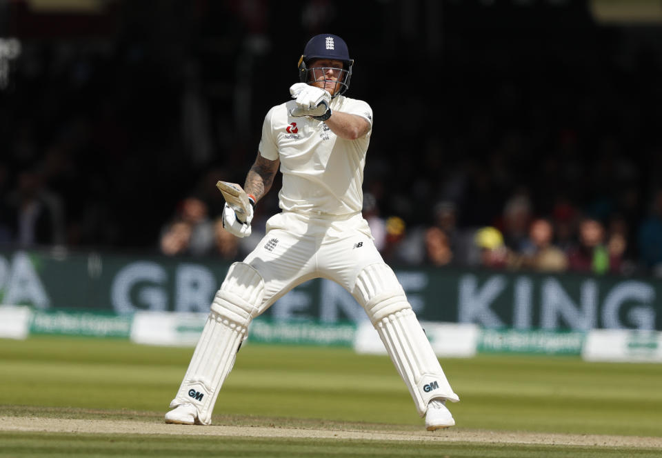 England's Ben Stokes shouts to his playing partner England's Jos Buttler not to run during play on day five of the 2nd Ashes Test cricket match between England and Australia at Lord's cricket ground in London, Sunday, Aug. 18, 2019. (AP Photo/Alastair Grant)