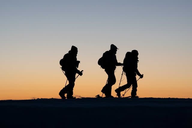 <p>Kari Medig</p> Skiers returning to Kees & Claire hut at dusk after a day of backcountry skiing.