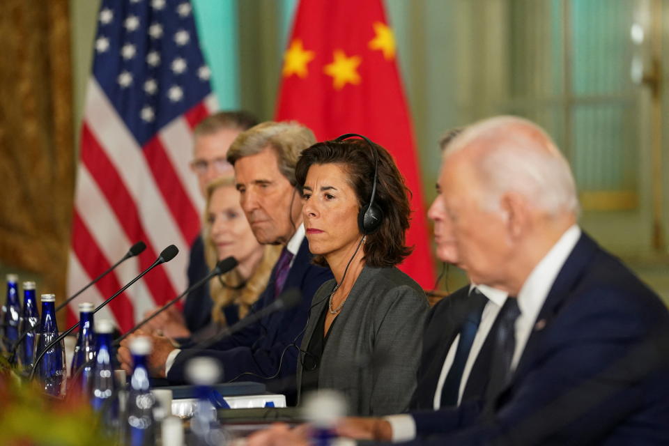 U.S. Secretary of Commerce Gina M. Raimondo attends a bilateral meeting between U.S. President Joe Biden and Chinese President Xi Jinping at Filoli estate on the sidelines of the Asia-Pacific Economic Cooperation (APEC) summit, in Woodside, California, U.S., November 15, 2023. REUTERS/Kevin Lamarque