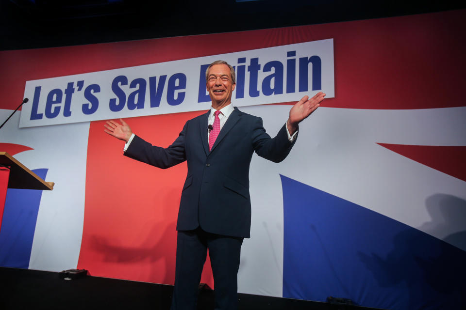 LONDON, UNITED KINGDOM - 2023/10/07: Former Reform UK leader Nigel Farage addresses the conference. Reform UK was formed in 2018 from the ashes of the Brexit Party. It was led by Nigel Farage until March 2021 when Richard Tice became its current leader. They are planning to stand in every seat in the upcoming general election. (Photo by Martin Pope/SOPA Images/LightRocket via Getty Images)