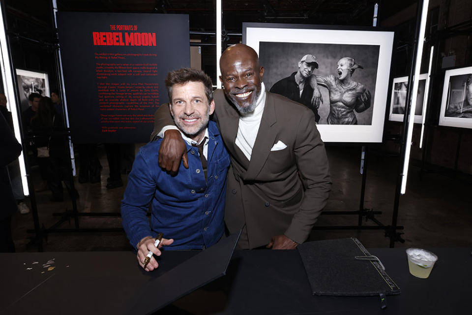 (L-R) Zack Snyder and Djimon Hounsou attend Netflix's Rebel Moon Part Two: Songs Of The Rebellion Album Release Event at Knockdown Center on April 03, 2024 in Queens, New York.