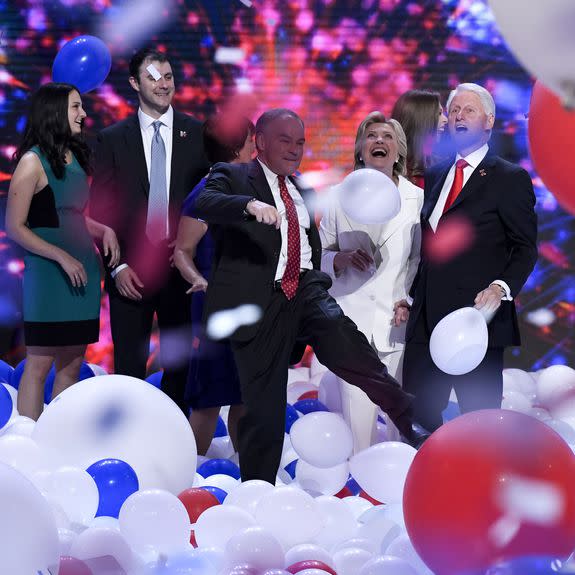 UNITED STATES - JULY 28: The Clintons and Kaines gather on stage as balloons drop at the end of the Democratic National Convention in Philadelphia on Thursday, July 28, 2016. (Photo By Bill Clark/CQ Roll Call)