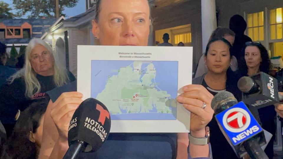 Rachel Self, a Boston immigration attorney, says during a Sept. 16, 2022 press conference that migrants flown on private jets to Martha’s Vineyard by the state of Florida were given maps of the island and the United States.