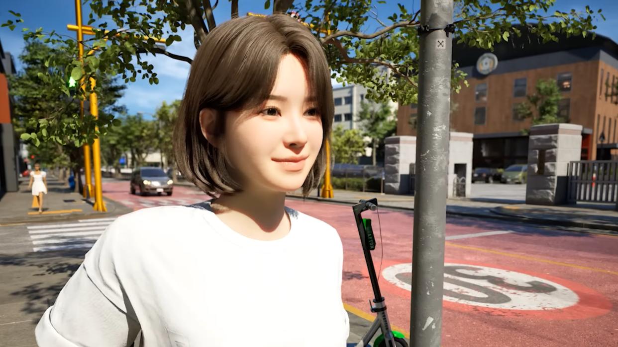  Inzoi reveal treailer - a character with a bob, wearing a white tshirt smiles while walking down a city street. 