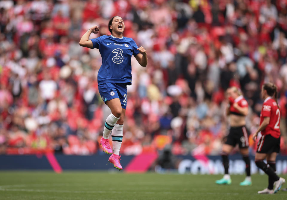 Sam Kerr of Chelsea celebrates the team's victory on the final whistle during the Vitality Women's FA Cup Final between Chelsea FC and <a class="link " href="https://sports.yahoo.com/soccer/teams/manchester-united/" data-i13n="sec:content-canvas;subsec:anchor_text;elm:context_link" data-ylk="slk:Manchester United;sec:content-canvas;subsec:anchor_text;elm:context_link;itc:0">Manchester United</a> at Wembley Stadium on May 14, 2023 in London, England.<span class="copyright">Ryan Pierse—Getty Images</span>