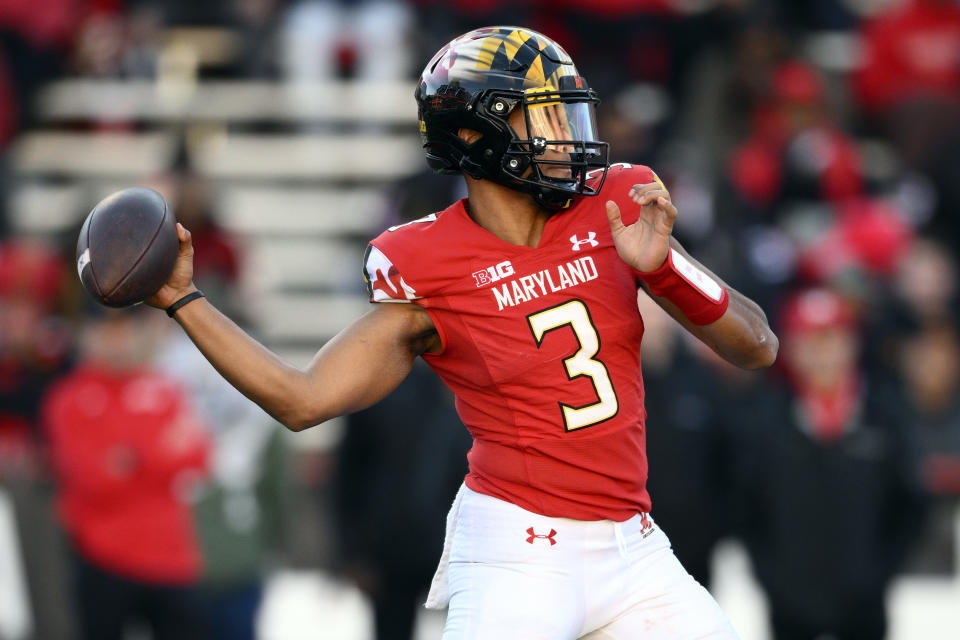 Maryland quarterback Taulia Tagovailoa (3) passes during the second half of an NCAA college football game against Rutgers, Saturday, Nov. 26, 2022, in College Park, Md. Maryland takes on North Carolina State in Duke's Mayo Bowl.(AP Photo/Nick Wass, File)