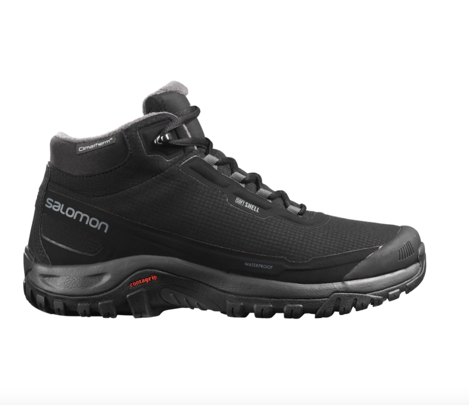 Salomon Shelter ClimaSalomon Waterproof Hiking Shoes in black on white background (Photo via Altitude Sports)