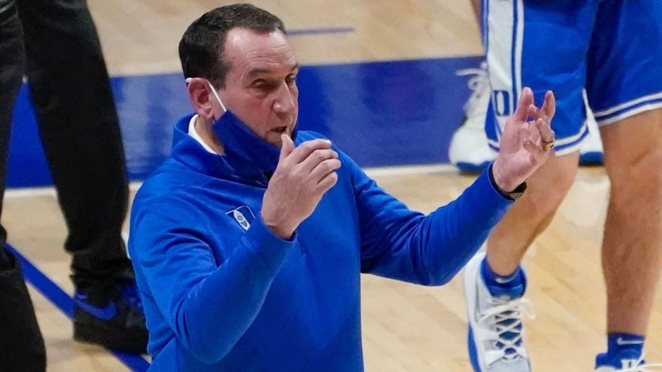 Mandatory Credit: Photo by Keith Srakocic/AP/Shutterstock (11717638s)Duke coach Mike Krzyzewski calls to players during the first half of the team's NCAA college basketball game against Pittsburgh, in PittsburghDuke Basketball, Pittsburgh, United States - 19 Jan 2021.