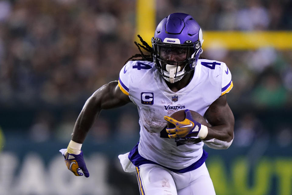 Minnesota Vikings running back Dalvin Cook (4) runs up field during the second half of an NFL football game against the Philadelphia Eagles, Monday, Sept. 19, 2022, in Philadelphia. (AP Photo/Matt Rourke)