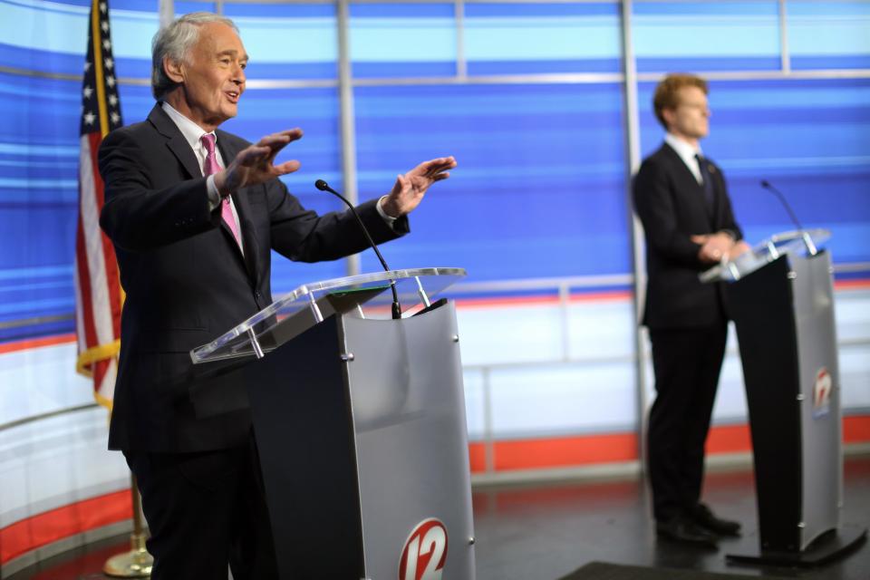 FILE — In this June 8, 2020, file photo, Sen. Edward Markey, left, D-Mass., and challenger Rep. Joseph Kennedy III, D-Mass., participate in a televised debate ahead of the Democratic primary, in East Providence, R.I. During the coronavirus pandemic, Markey missed 34 of 42 Senate votes in May and the first half of June, or about 80 percent, according to information from GovTrack, an independent clearinghouse for congressional data. (Jessica Bradley/WPRI-TV via AP, Pool, File)