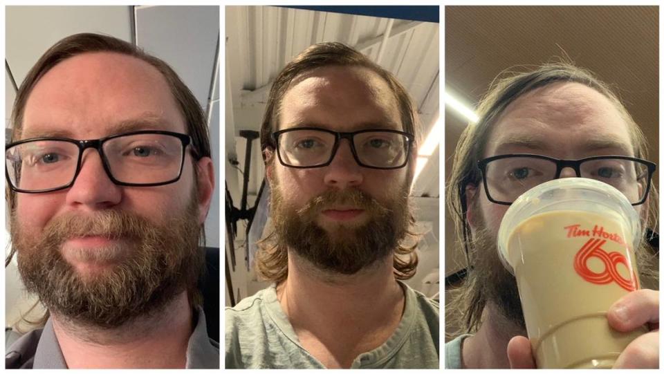 Miami Herald sportswriter when he boarded his flight for Toronto (left), as he waited in the Region of Waterloo International Airport for his impromptu flight to Calgary (center) and after landing in Calgary and getting a much needed cup of coffee (right).