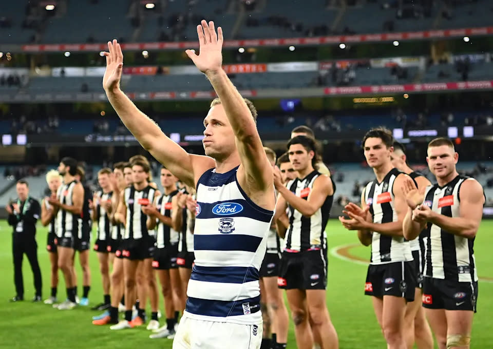 Joel Selwood thanks fans after Geelong's win over Collingwood. (Photo by Quinn Rooney/Getty Images)
